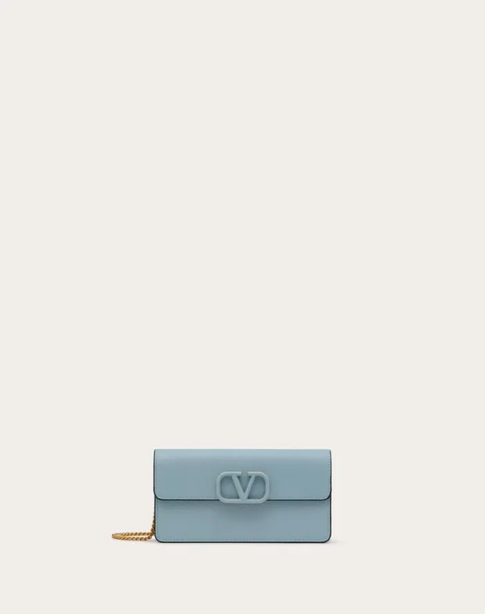Valentino Wallets And Small Leather Goods Woman Vlogo Signature Grainy Calfskin Wallet With Chain For Woman In Porcelain Blue Porcelain Blue Valentino Wallets And Small Leather Goods Woman Vlogo Signature Grainy Calfskin Wallet With Chain For Woman In Porcelain Blue Porcelain Blue