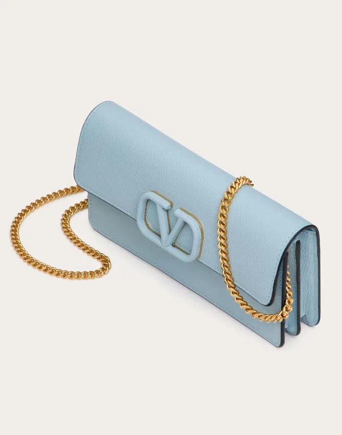 Valentino Wallets And Small Leather Goods Woman Vlogo Signature Grainy Calfskin Wallet With Chain For Woman In Porcelain Blue Porcelain Blue Valentino Wallets And Small Leather Goods Woman Vlogo Signature Grainy Calfskin Wallet With Chain For Woman In Porcelain Blue Porcelain Blue