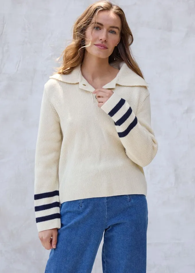 Vanoise ButtonDown Collar Sweater With Flared Long Sleeves 100 Wool Ivorynavy Women Saint James Aw24 Vanoise ButtonDown Collar Sweater With Flared Long Sleeves 100 Wool Ivorynavy Women Saint James Aw24