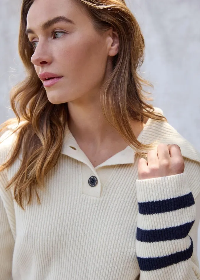 Vanoise ButtonDown Collar Sweater With Flared Long Sleeves 100 Wool Ivorynavy Women Saint James Aw24