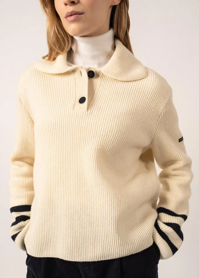 Vanoise ButtonDown Collar Sweater With Flared Long Sleeves 100 Wool Ivorynavy Women Saint James Aw24