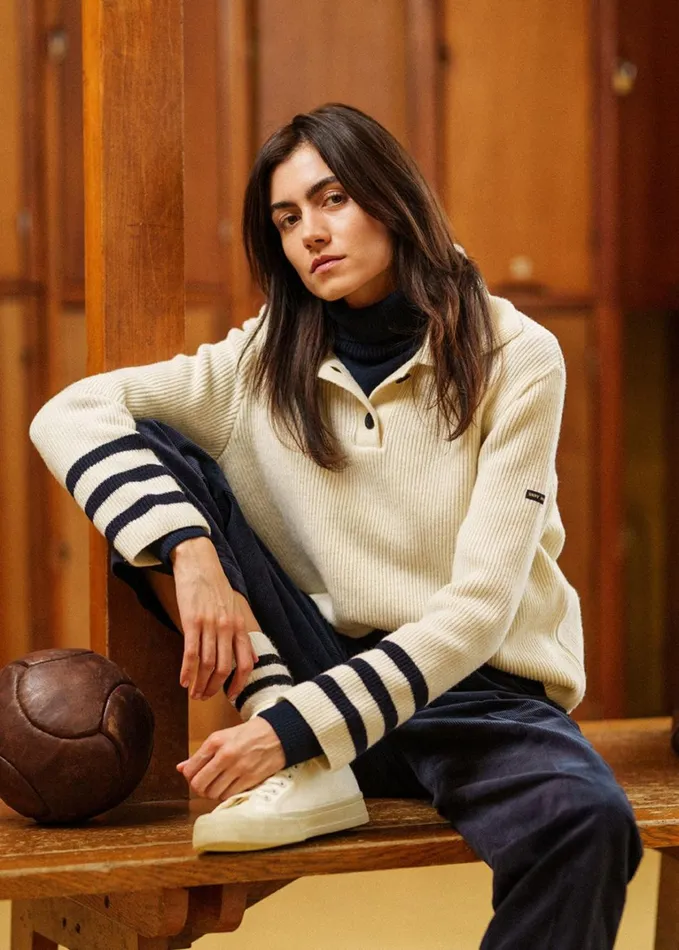 Vanoise ButtonDown Collar Sweater With Flared Long Sleeves 100 Wool Ivorynavy Women Saint James Aw24