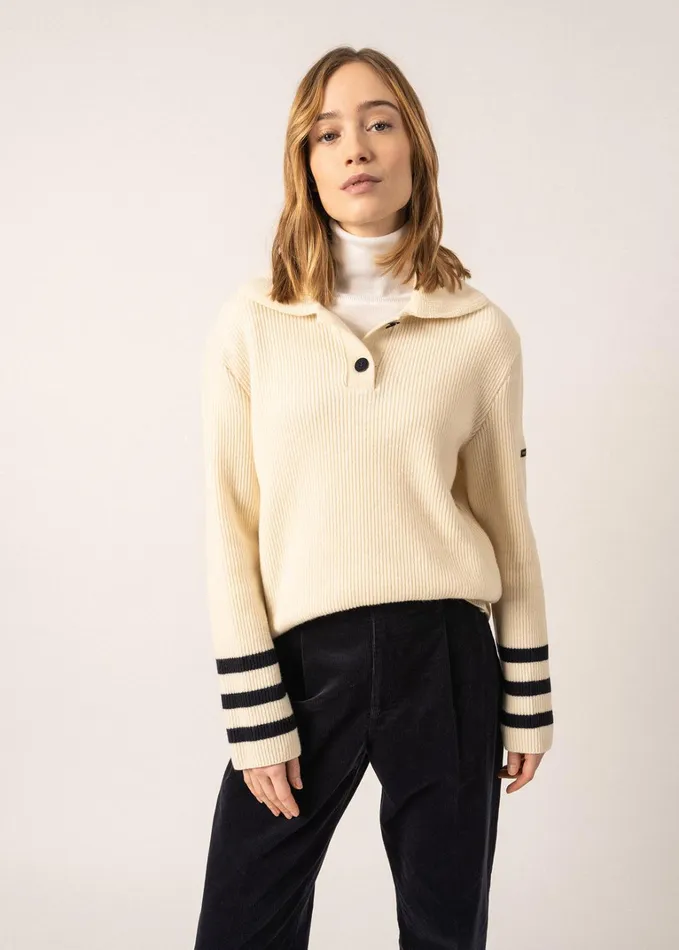 Vanoise ButtonDown Collar Sweater With Flared Long Sleeves 100 Wool Ivorynavy Women Saint James Breton Sweaters