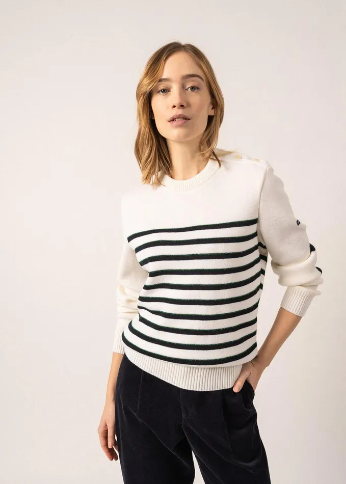Verdon Wool Sweater With Jacquard Elbows And Green Lurex Details Whitenavygreen Women Saint James Aw24