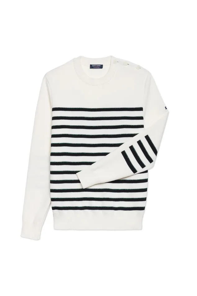 Verdon Wool Sweater With Jacquard Elbows And Green Lurex Details Whitenavygreen Women Saint James Aw24
