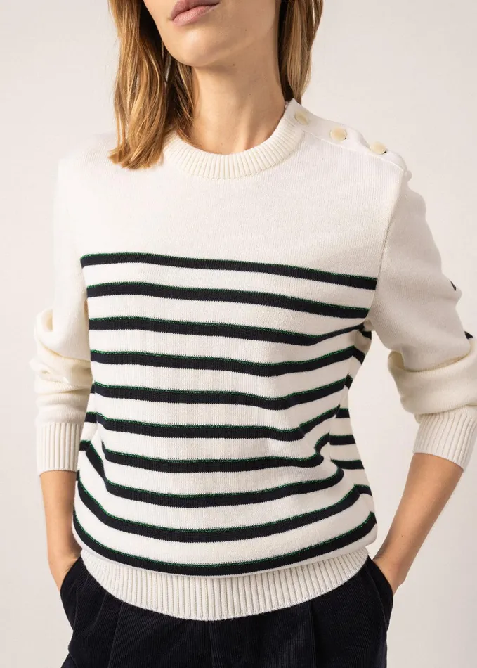 Verdon Wool Sweater With Jacquard Elbows And Green Lurex Details Whitenavygreen Women Saint James Sweaters Cardigans and Jackets
