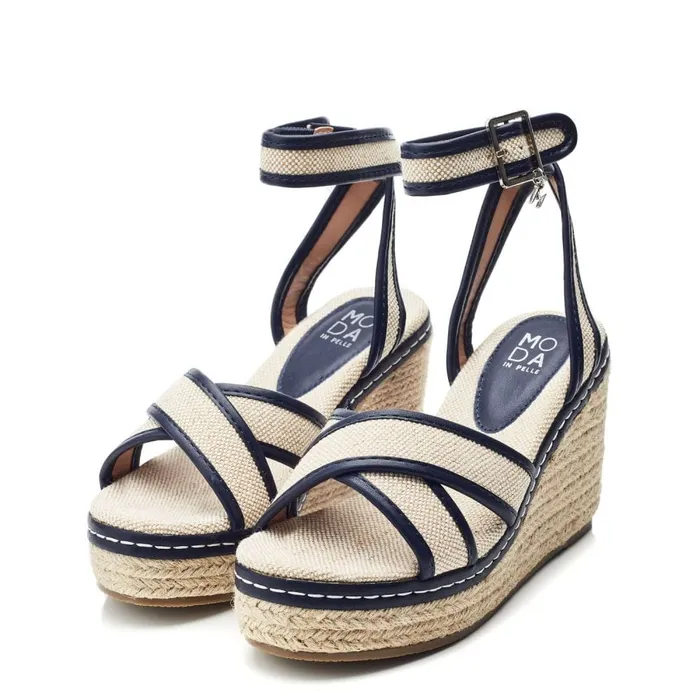 Wedge Sandals Women Moda In Pelle Pamela Navy Textile