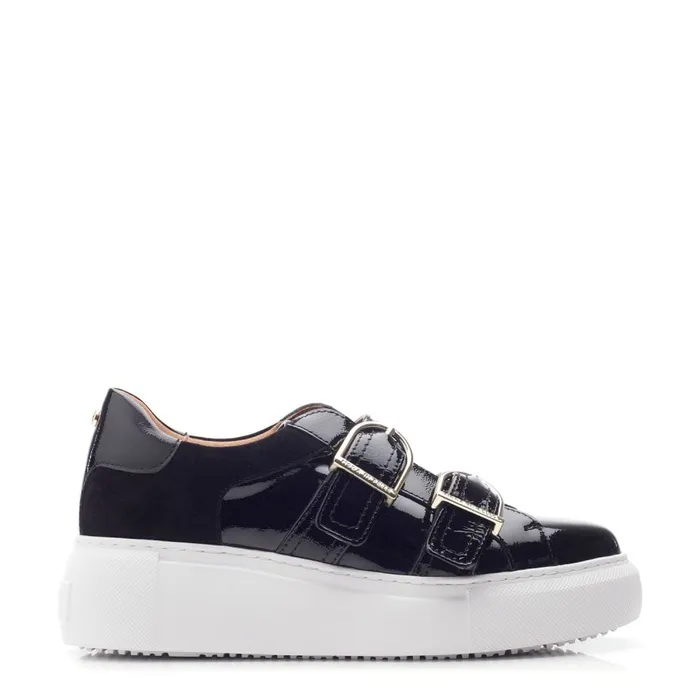 Wedge Trainers Women Moda In Pelle Blanc Black Patent Leather