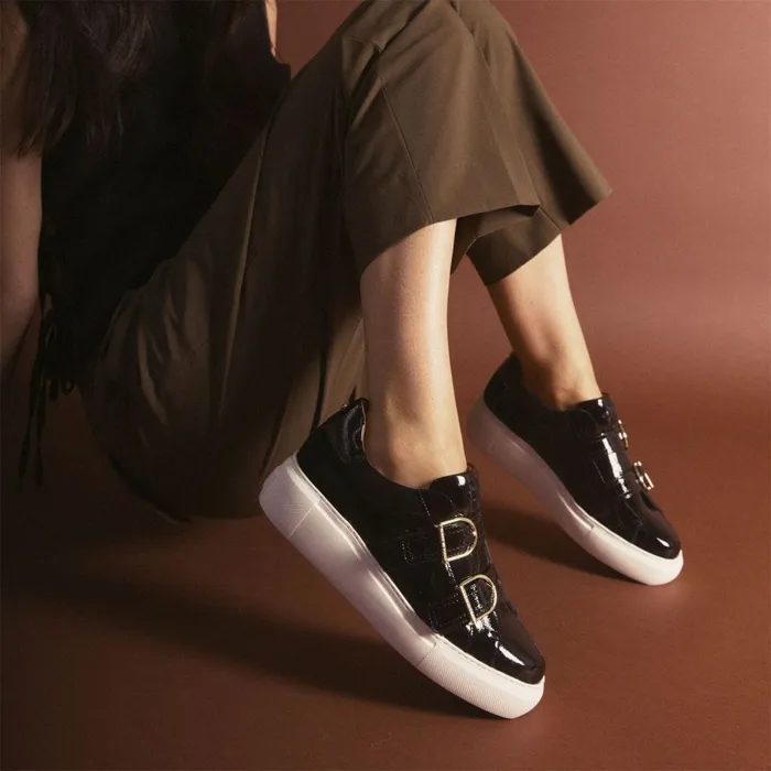 Wedge Trainers Women Moda In Pelle Blanc Black Patent Leather