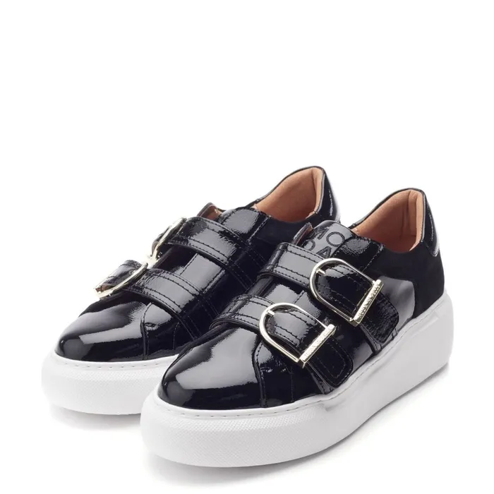 Wedge Trainers Women Moda In Pelle Blanc Black Patent Leather