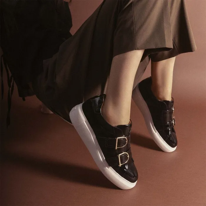 Wedge Trainers Women Moda In Pelle Blanc Black Patent Leather