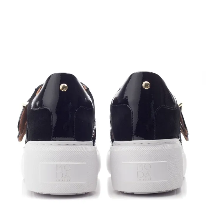 Wedge Trainers Women Moda In Pelle Blanc Black Patent Leather