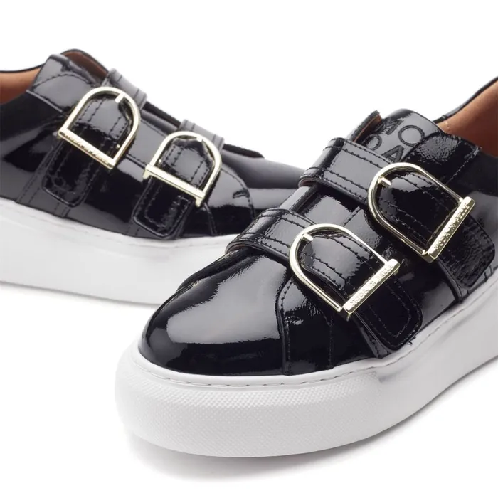 Wedge Trainers Women Moda In Pelle Blanc Black Patent Leather