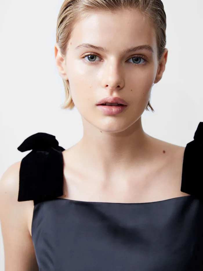 Woman Dresses French Connection Carey Velvet Bow Straps Satin Mini Dress Blackout Woman Dresses French Connection Carey Velvet Bow Straps Satin Mini Dress Blackout