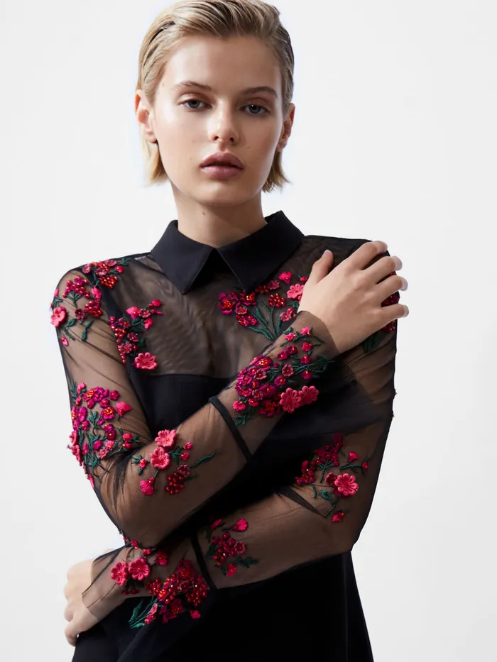 Woman Dresses French Connection Darcy Embroidered Long Sleeve Mini Dress Blackluminous Pink Woman Dresses French Connection Darcy Embroidered Long Sleeve Mini Dress Blackluminous Pink