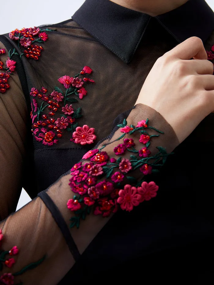 Woman Dresses French Connection Darcy Embroidered Long Sleeve Mini Dress Blackluminous Pink Woman Dresses French Connection Darcy Embroidered Long Sleeve Mini Dress Blackluminous Pink