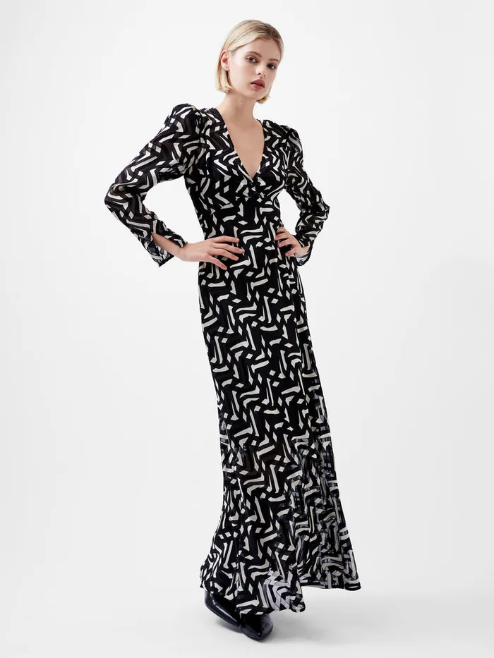 Woman Dresses French Connection Diandra Satin Devore Maxi Dress Blackcream Woman Dresses French Connection Diandra Satin Devore Maxi Dress Blackcream