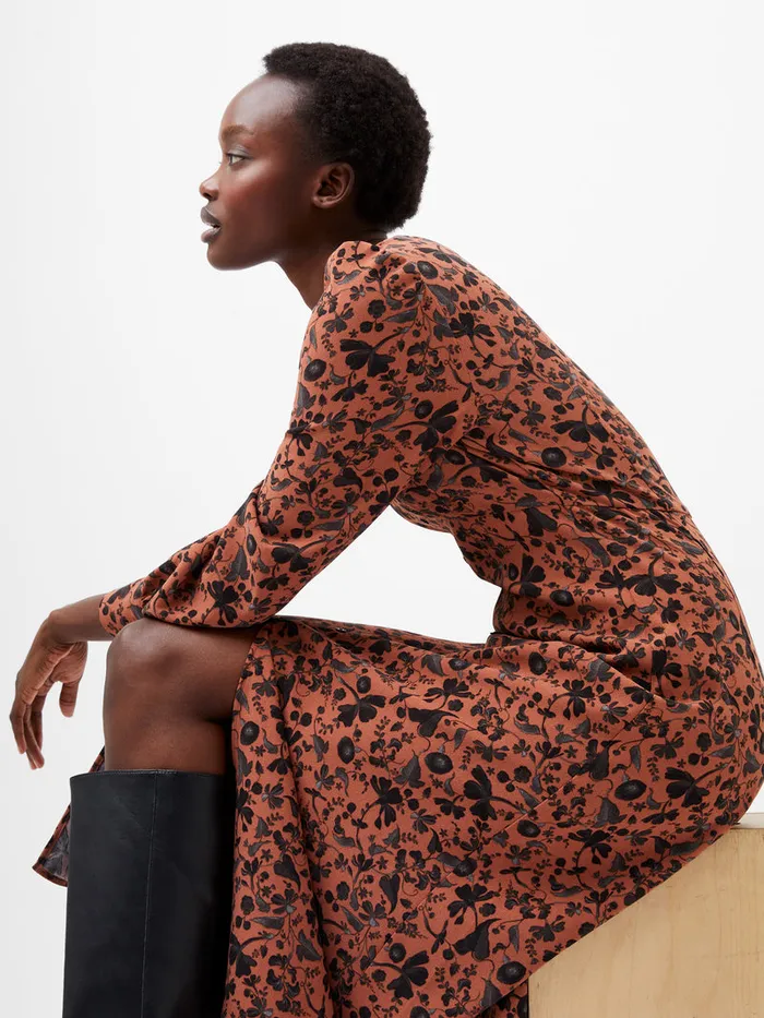 Woman Dresses French Connection Jeanie Brina Crepe Midi Dress Russet Brown Multi Woman Dresses French Connection Jeanie Brina Crepe Midi Dress Russet Brown Multi