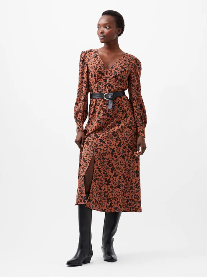 Woman Dresses French Connection Jeanie Brina Crepe Midi Dress Russet Brown Multi Woman Dresses French Connection Jeanie Brina Crepe Midi Dress Russet Brown Multi