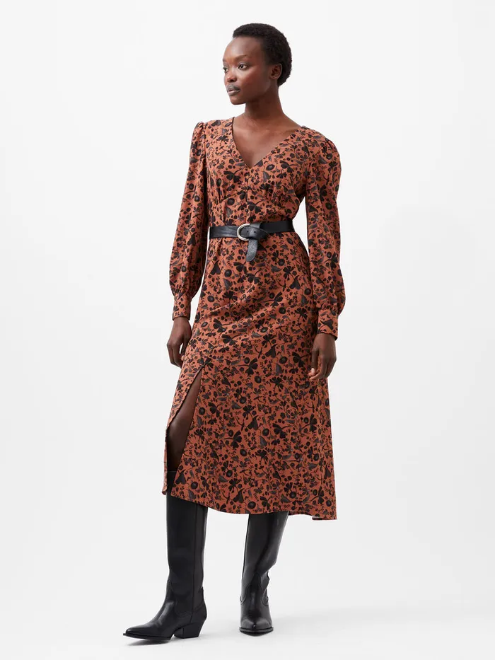 Woman Dresses French Connection Jeanie Brina Crepe Midi Dress Russet Brown Multi Woman Dresses French Connection Jeanie Brina Crepe Midi Dress Russet Brown Multi