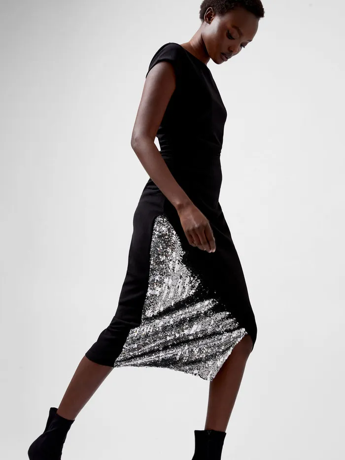 Woman Dresses French Connection Zanna Jersey Sequin Mix Midi Dress Blackout Woman Dresses French Connection Zanna Jersey Sequin Mix Midi Dress Blackout
