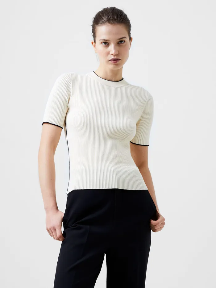 Woman Jumpers and Cardigans French Connection Mozza Short Sleeve Jumper Classic Creamblacko Woman Jumpers and Cardigans French Connection Mozza Short Sleeve Jumper Classic Creamblacko