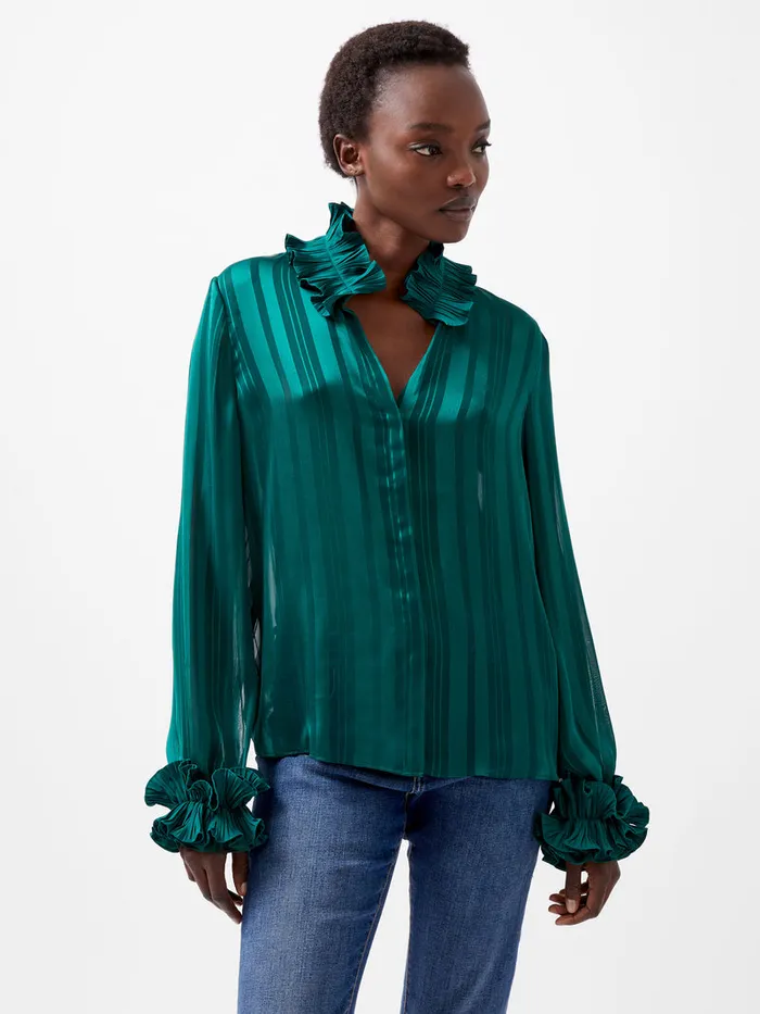 Woman Shirts French Connection Hannielie Ruffle Neck Long Sleeve Shirt Forest