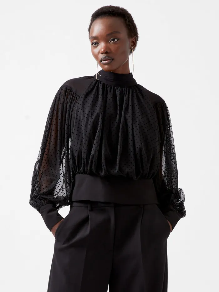 Woman Tops French Connection Alice Dobby Chiffon Mix Long Sleeve Top Blackout Woman Tops French Connection Alice Dobby Chiffon Mix Long Sleeve Top Blackout