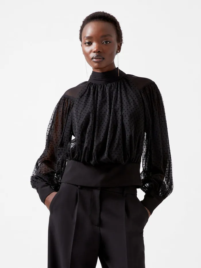Woman Tops French Connection Alice Dobby Chiffon Mix Long Sleeve Top Blackout Woman Tops French Connection Alice Dobby Chiffon Mix Long Sleeve Top Blackout