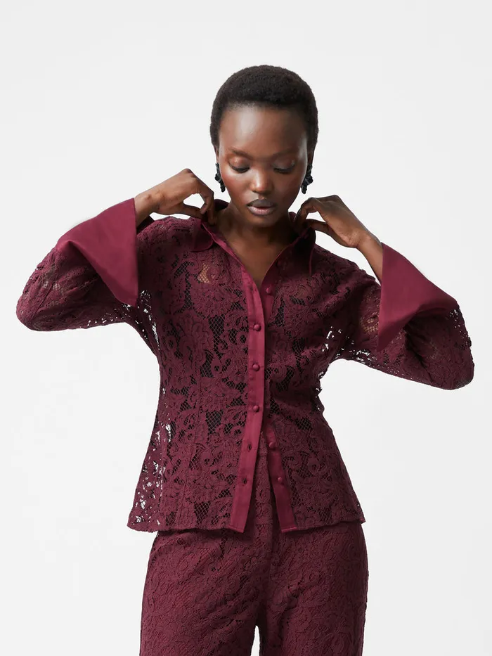 Woman Tops French Connection Asura Lace Long Sleeve Shirt Burgundy Red