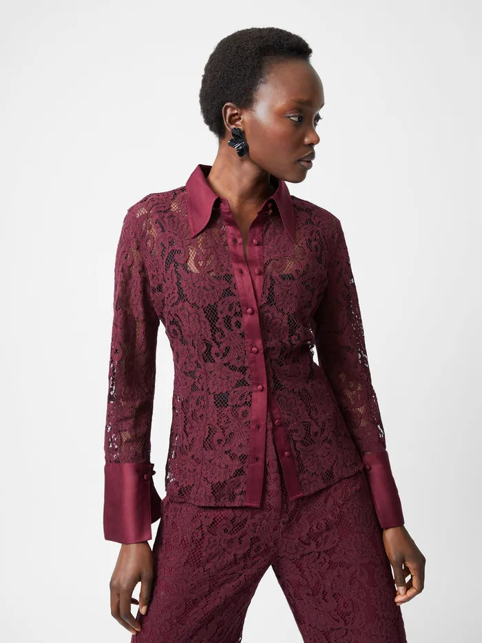 Woman Tops French Connection Asura Lace Long Sleeve Shirt Burgundy Red Woman Tops French Connection Asura Lace Long Sleeve Shirt Burgundy Red