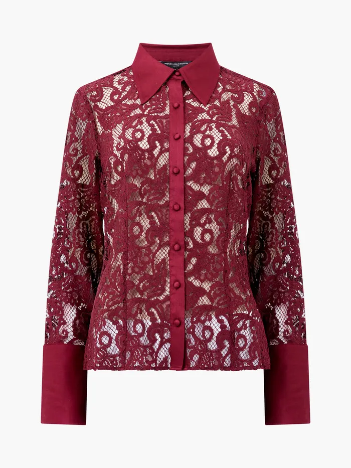 Woman Tops French Connection Asura Lace Long Sleeve Shirt Burgundy Red Woman Tops French Connection Asura Lace Long Sleeve Shirt Burgundy Red