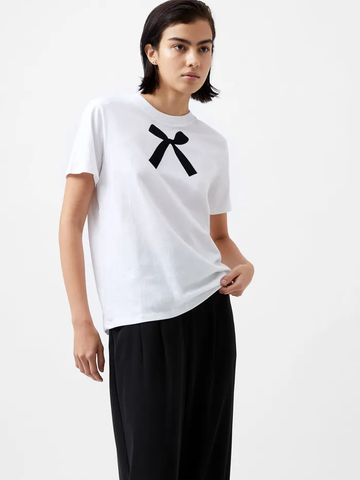 Woman Tops French Connection Bow Graphic TShirt Linen White