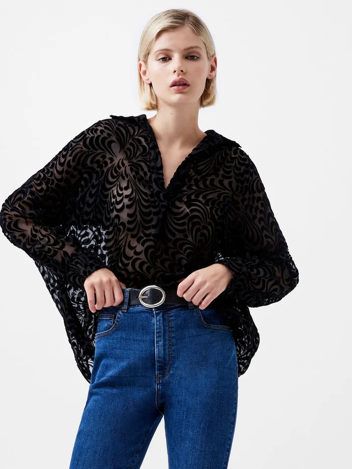 Woman Tops French Connection Diandra Devore Long Sleeve Popover Shirt Blackout Woman Tops French Connection Diandra Devore Long Sleeve Popover Shirt Blackout