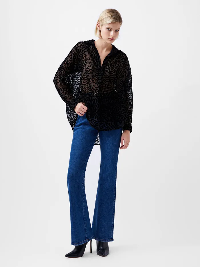 Woman Tops French Connection Diandra Devore Long Sleeve Popover Shirt Blackout Woman Tops French Connection Diandra Devore Long Sleeve Popover Shirt Blackout