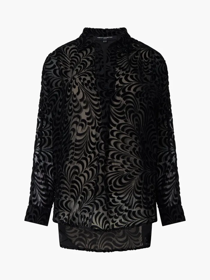 Woman Tops French Connection Diandra Devore Long Sleeve Popover Shirt Blackout Woman Tops French Connection Diandra Devore Long Sleeve Popover Shirt Blackout