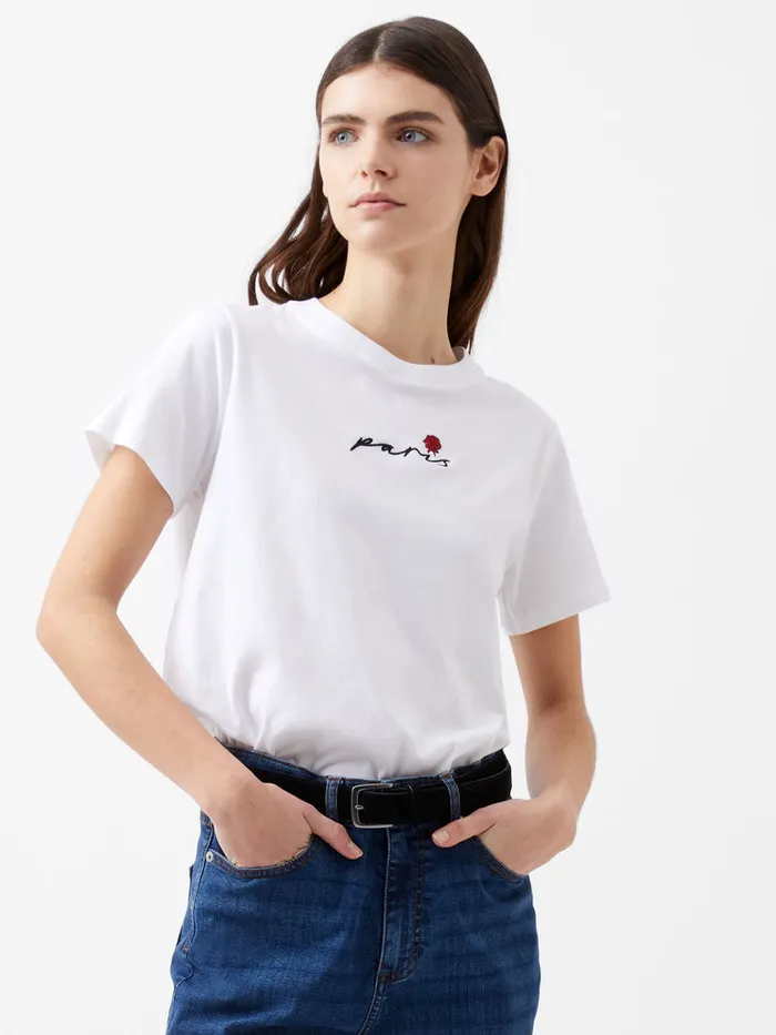 Woman Tops French Connection Paris Rose Embroidery TShirt Linen White