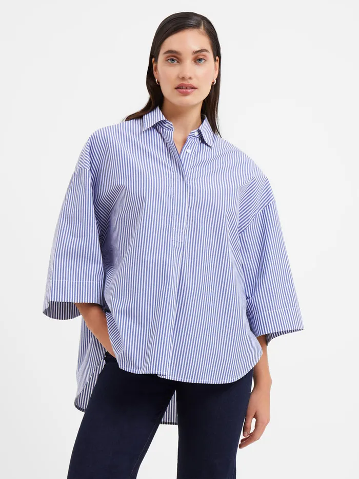 Woman Tops French Connection Rhodes Poplin Stripe Popover Shirt Linen Whitemarine Woman Tops French Connection Rhodes Poplin Stripe Popover Shirt Linen Whitemarine