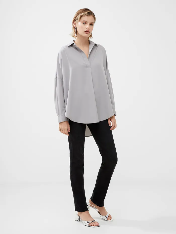 Woman Tops French Connection Rhodes Recycled Crepe Popover Shirt Alloy Woman Tops French Connection Rhodes Recycled Crepe Popover Shirt Alloy