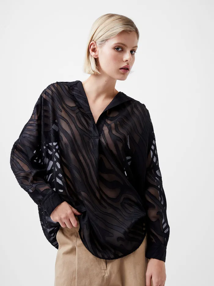 Woman Tops French Connection Zebra Devore Popover Shirt Black