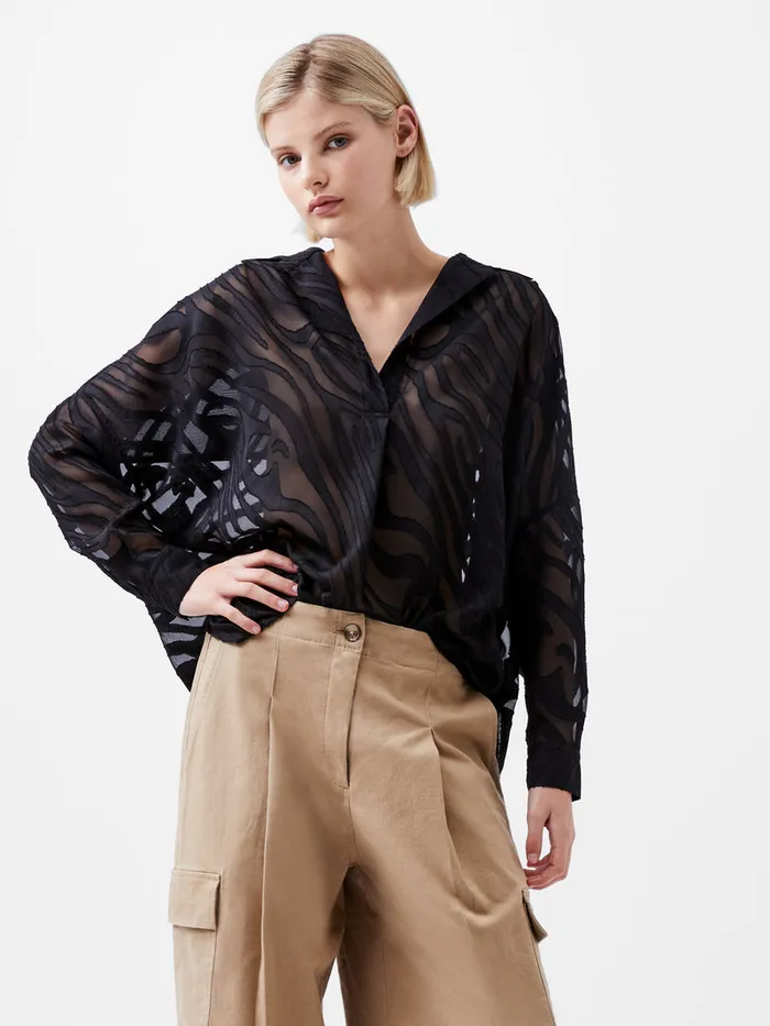 Woman Tops French Connection Zebra Devore Popover Shirt Black Woman Tops French Connection Zebra Devore Popover Shirt Black