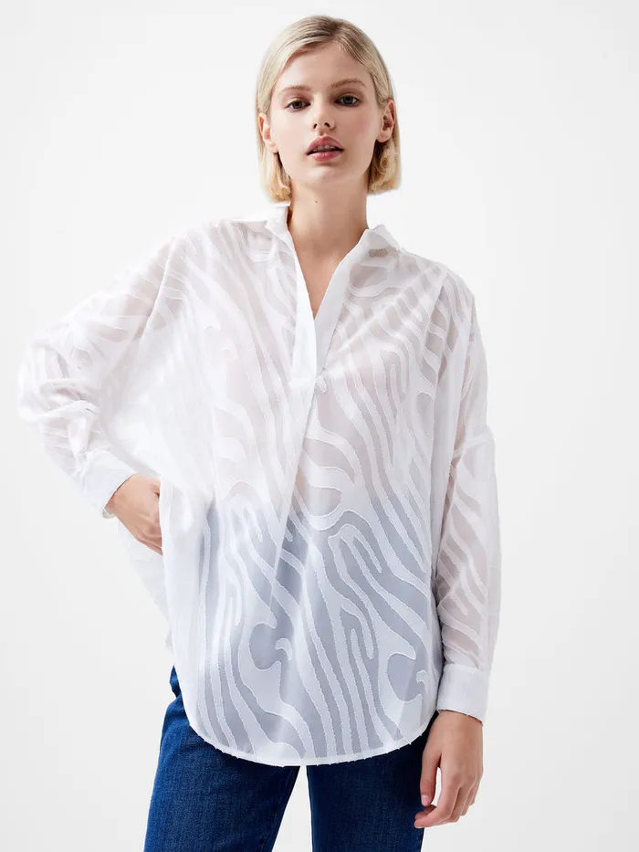 Woman Tops French Connection Zebra Devore Popover Shirt Winter White Woman Tops French Connection Zebra Devore Popover Shirt Winter White