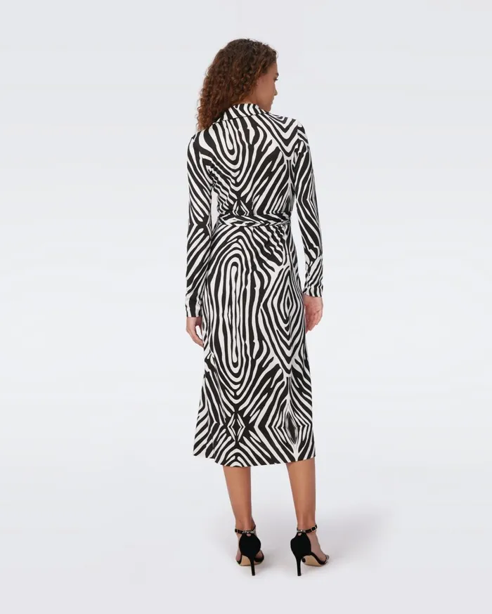Women Abigail Silk Jersey Long Sleeve Midi Wrap Dress Huge Zebra Ivory DVF Dresses