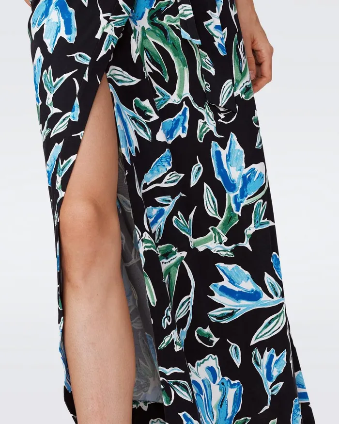 Women Abigail Silk Jersey Maxi Wrap Dress Huge Tulip Fields Blue DVF Dresses