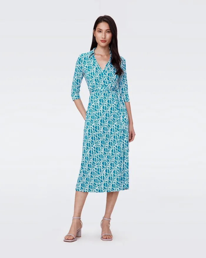 Women Abigail Silk Jersey Midi Wrap Dress Infinite Geo Teal DVF Dresses