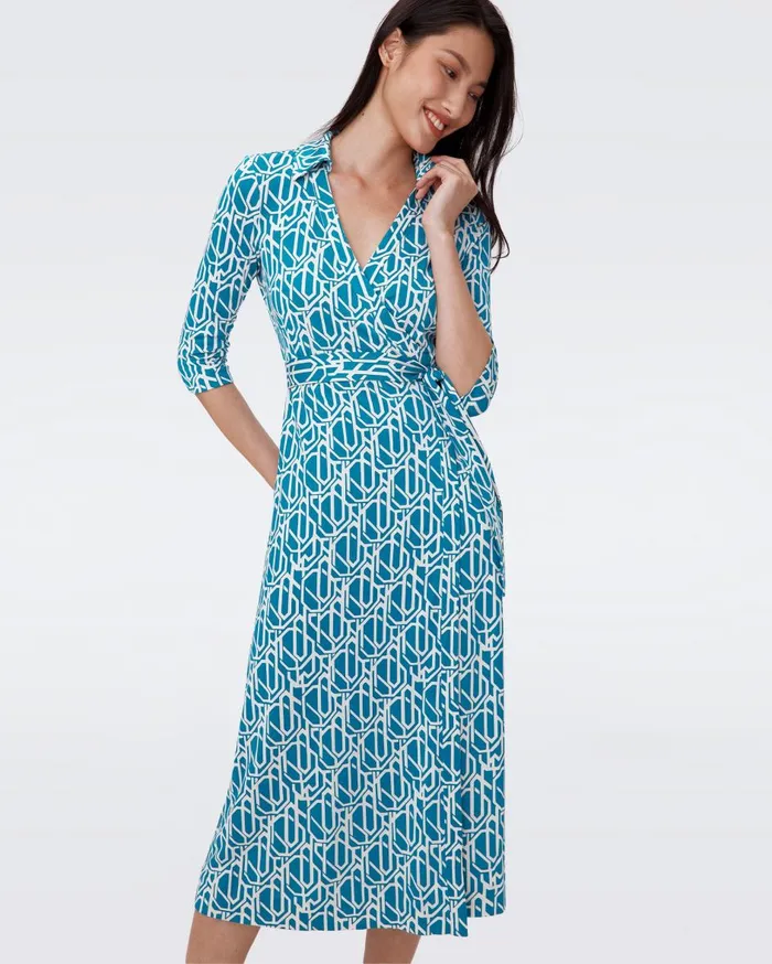 Women Abigail Silk Jersey Midi Wrap Dress Infinite Geo Teal DVF Dresses