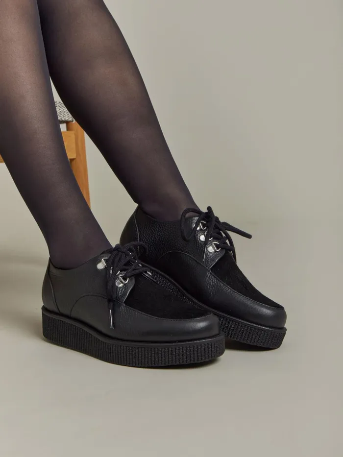 Women Agns B Flats and Derbies Black Amy Creepers Cowhide Leather