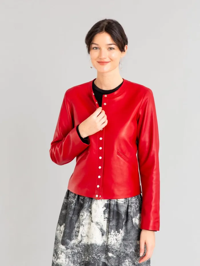 Women Agns B Jackets and Coats Red Lamb Leather Snap Cardigan