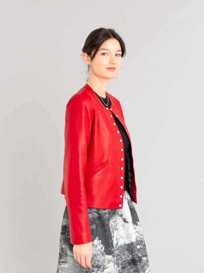 Women Agns B Jackets and Coats Red Lamb Leather Snap Cardigan