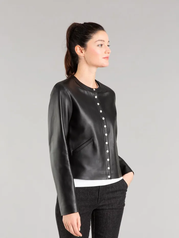 Women Agns B Jumpers Longsleeved Cardigan With Press Studs In Black Lambskin Leather